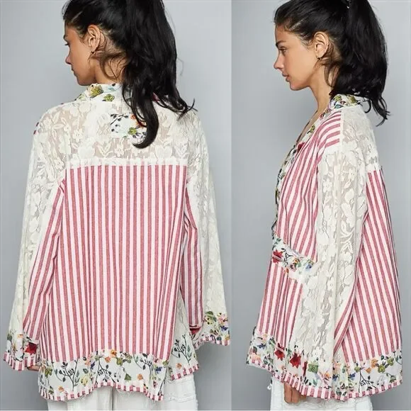 POL Lace Boho Striped Cardigan Layering Kimono Floral Patchwork Detail Med NEW - Picture 3 of 10